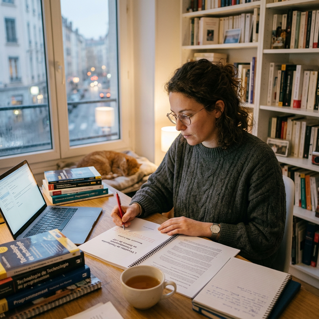 Student writing notes at desk beside laptop, books, and sleeping cat